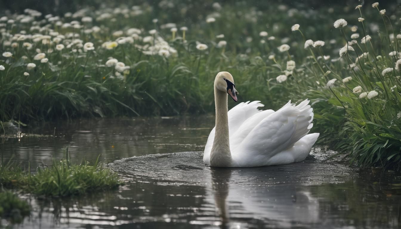 Adorable Bird Swan in Forest Pond