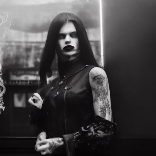 Goth Fashion Model in Eerie Coffee Shop