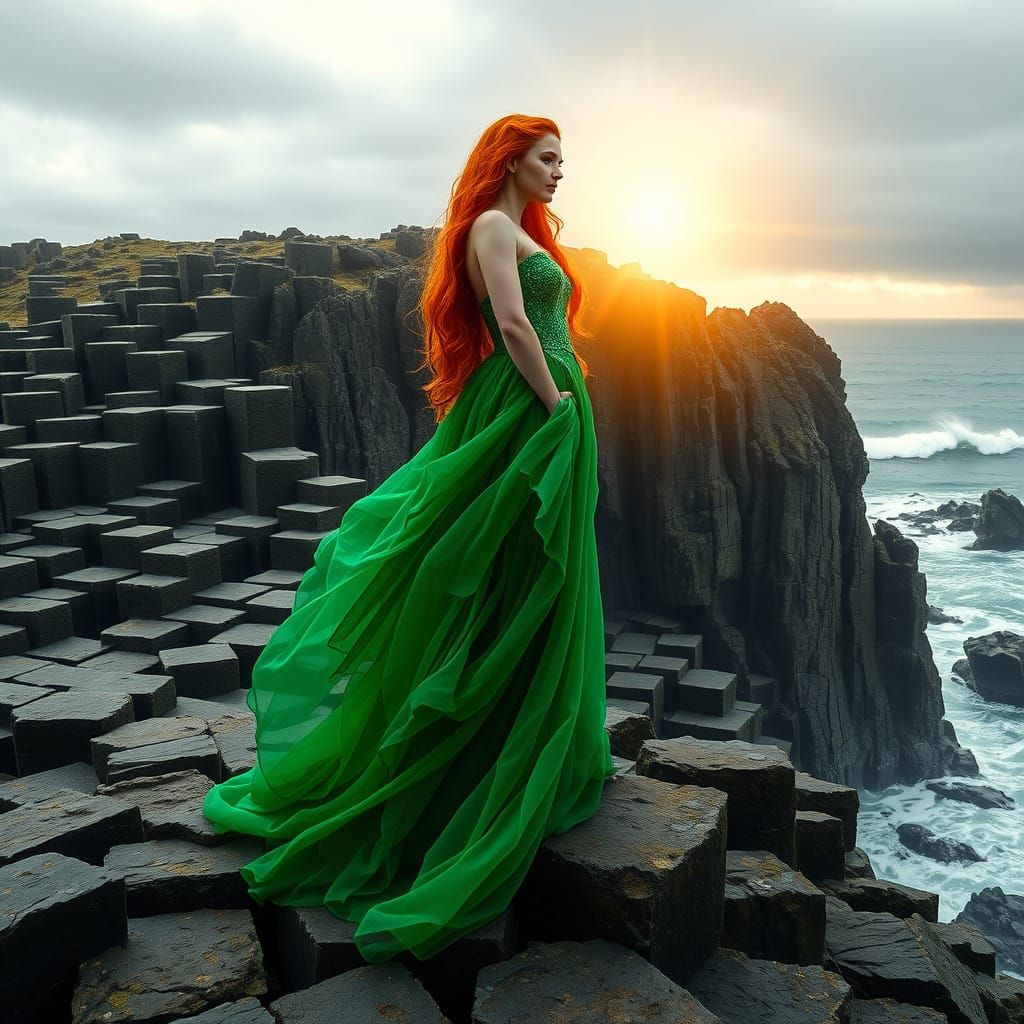 Fiery Red-Haired Goddess Amidst Ancient Stones