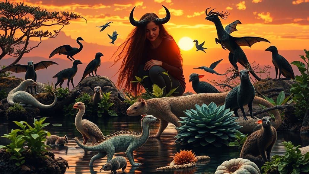 Mystical Creatures Emerge at Sunset: High-Resolution Collage