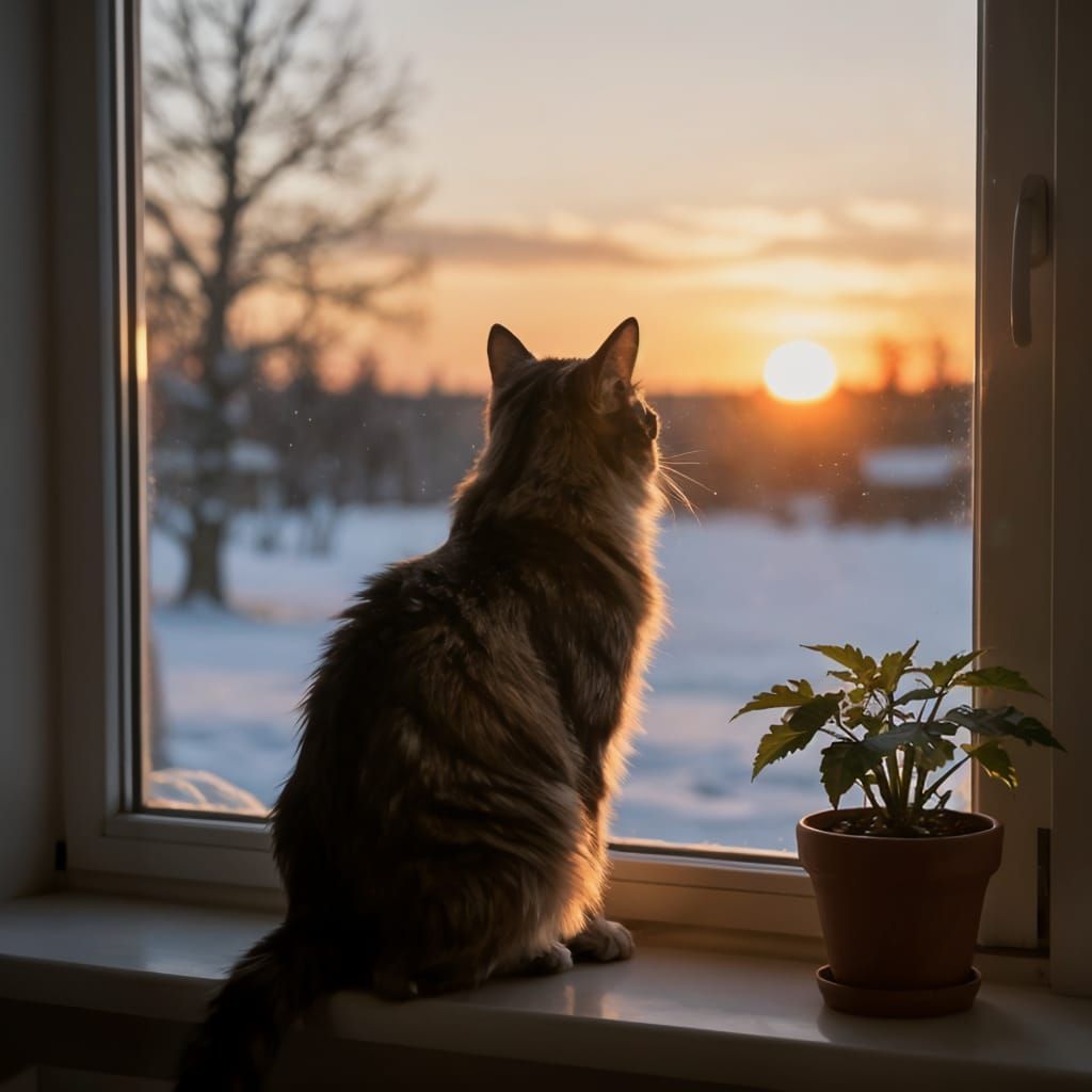 Cat on Windowsill Watching Snowy Sunset