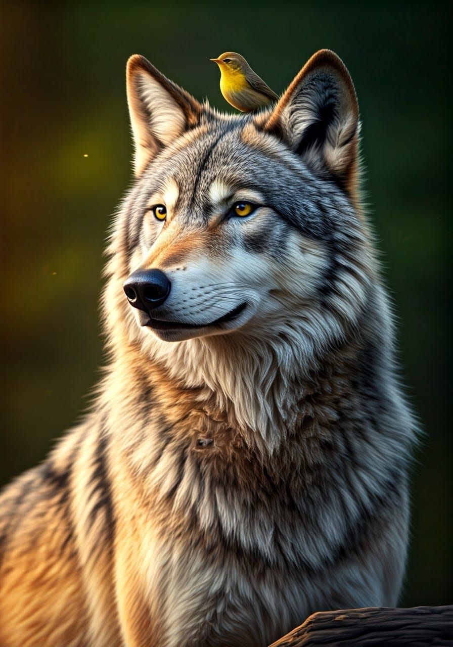 Wolf with Warbler and Weasel in Golden Light