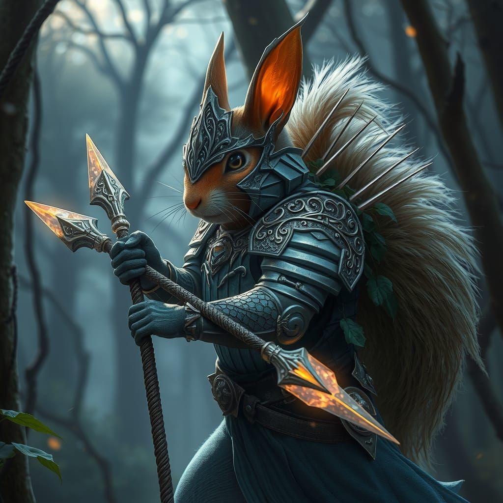 An armored squirrel holding a spear