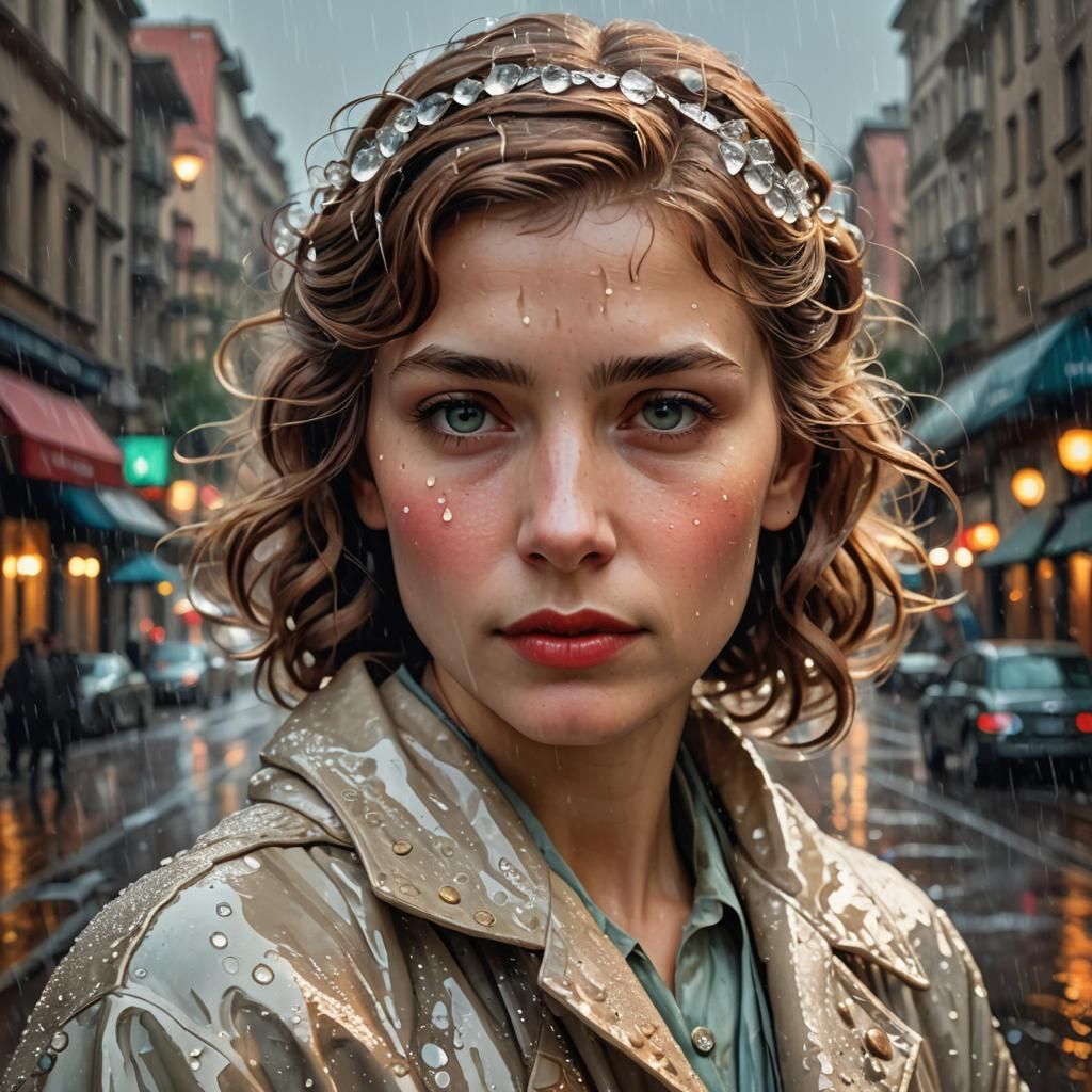 Rainy Portrait in Alphonse Mucha Digital Drawing Style