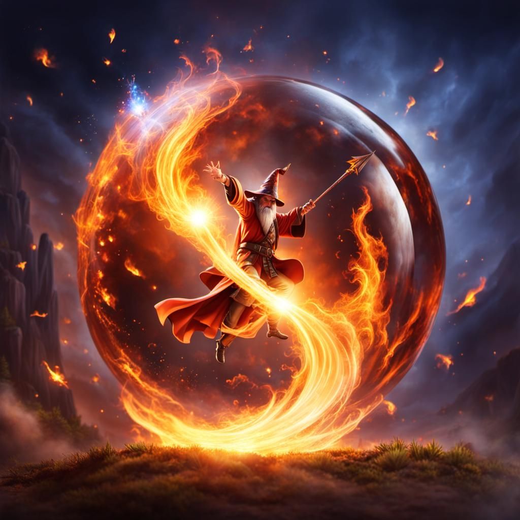 Wizard Casts Fireball Spell: Hyperdetailed Masterpiece