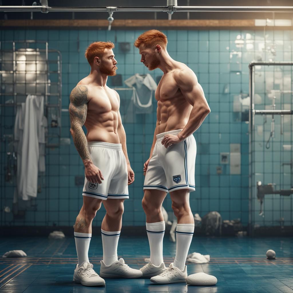 Athletic Men Kissing in Gym Shower