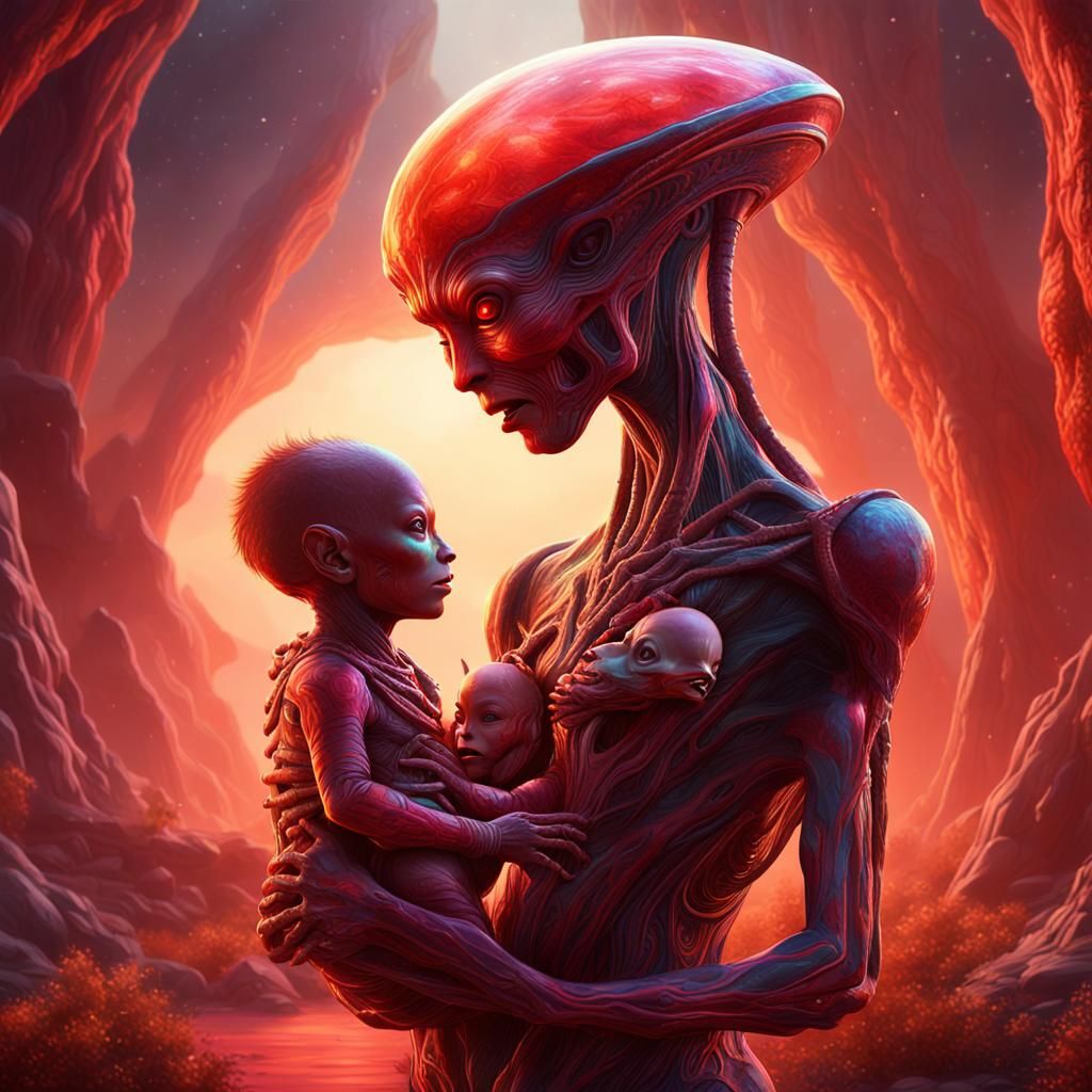 Extraterrestrial Mother and Baby in Surreal Setting