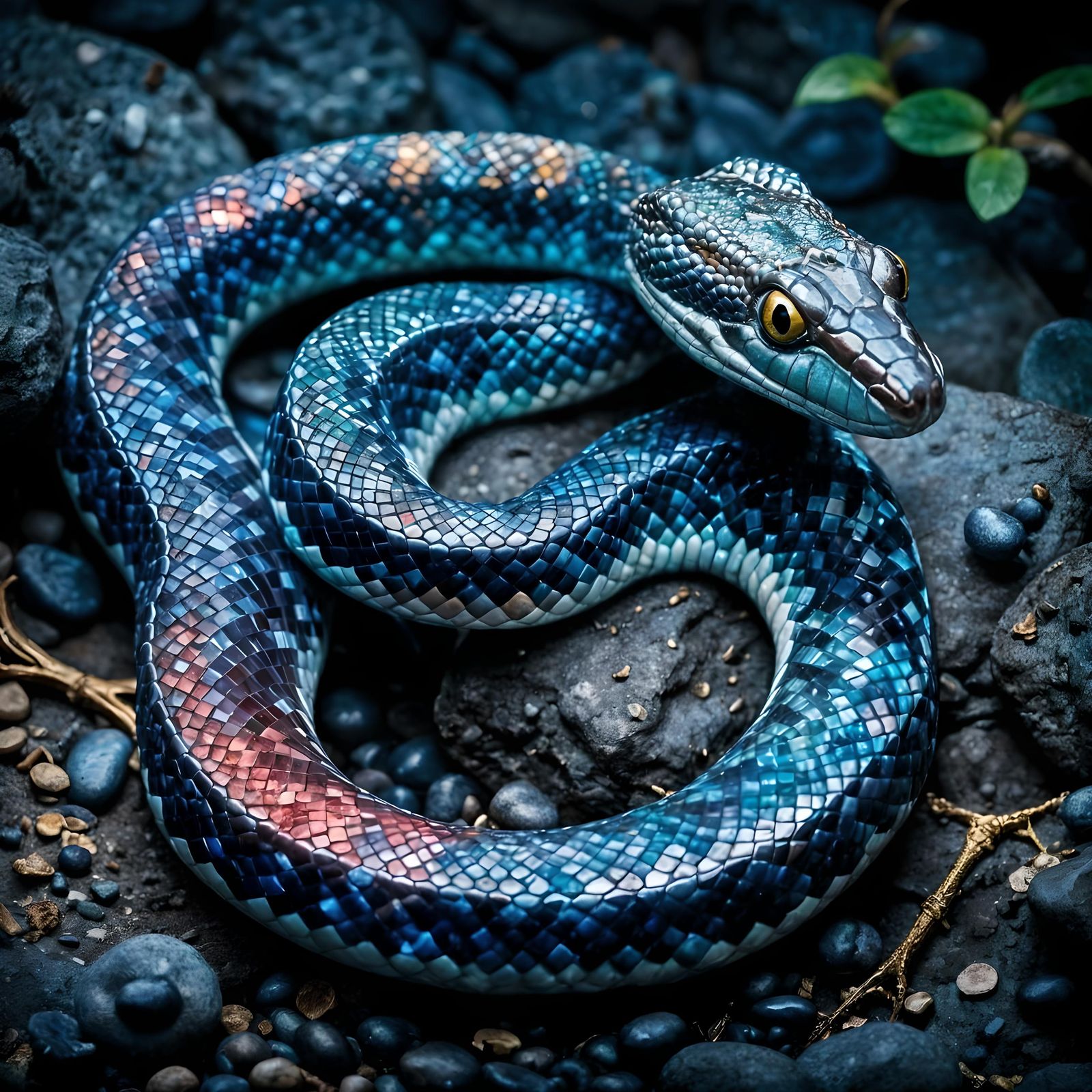 Mythical Serpent with Jewel-like Scales in Ancient Landscape