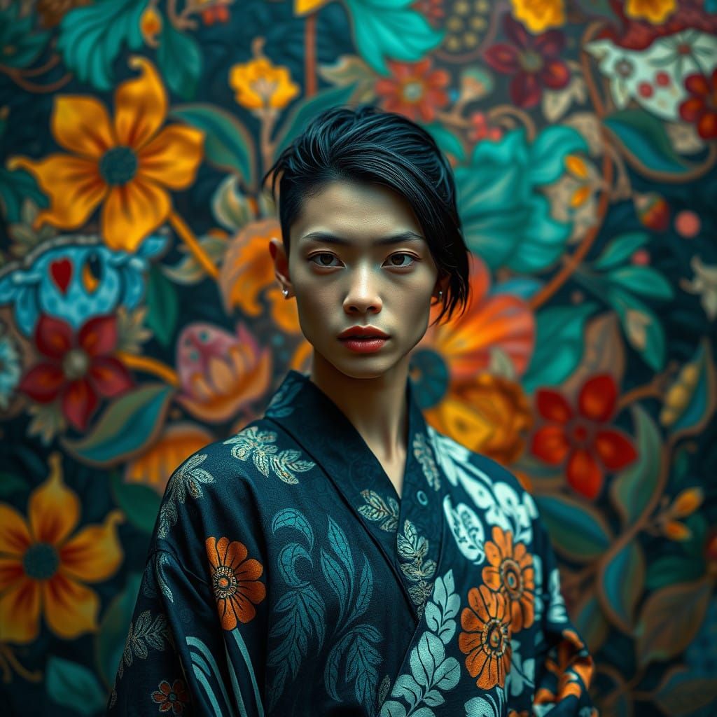 Androgynous Figure in Vibrant, Intricate Shibori Attire