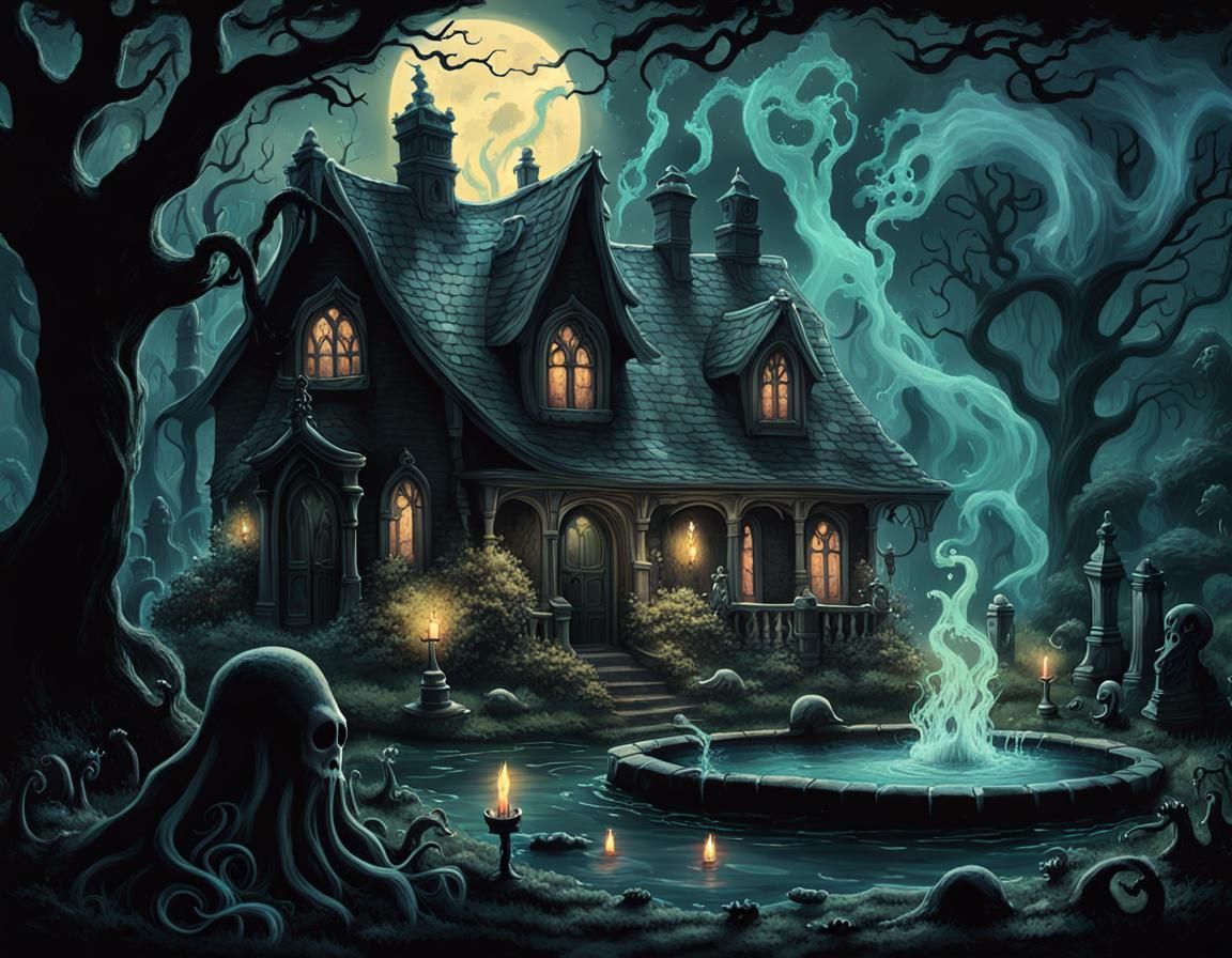 Gothic Fountain with Ethereal Smoke, Dark Fantasy Art