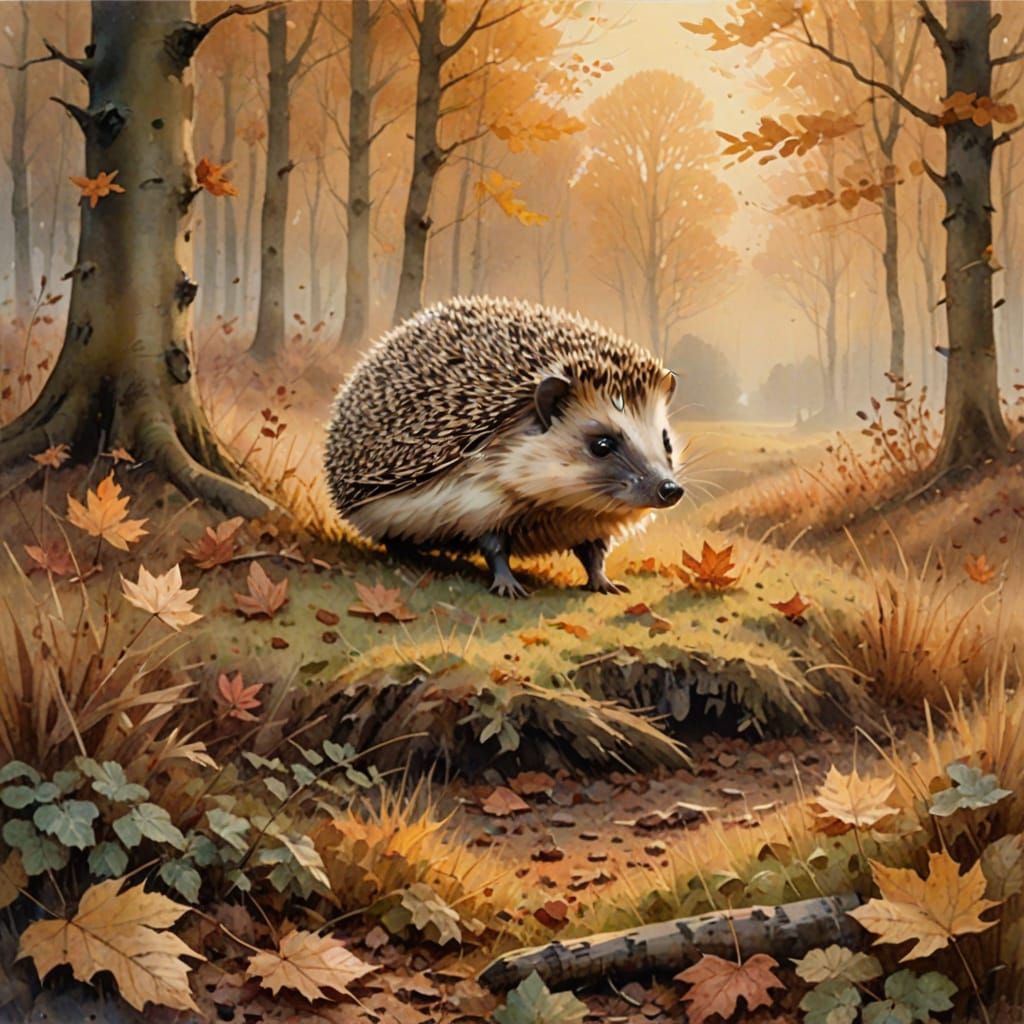 Hedgehog in Autumn Meadow: Romantic Landscape Painting