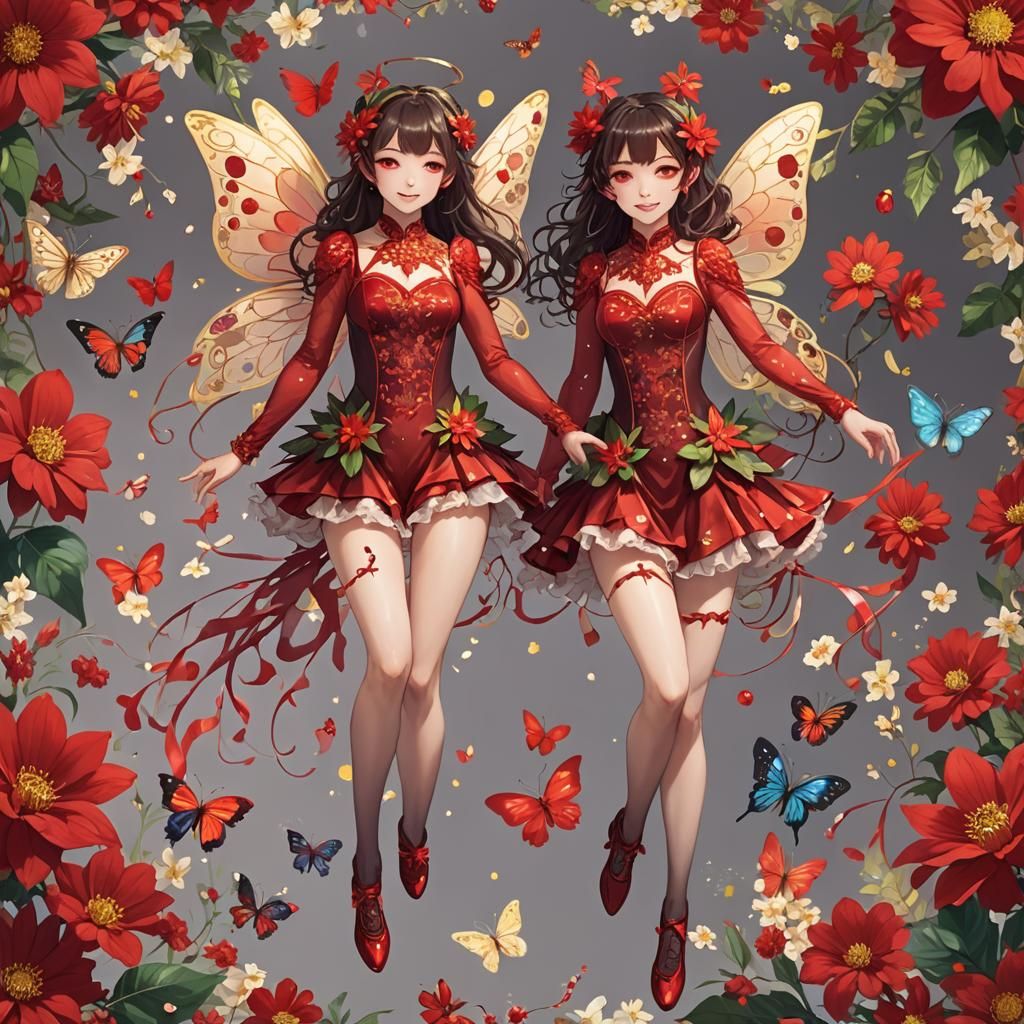 Fairy in Flower Field with Red Leotard and Wings