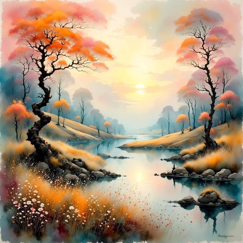 Soft Fantasy Landscape with Pastel Hues and Whispers of Wind