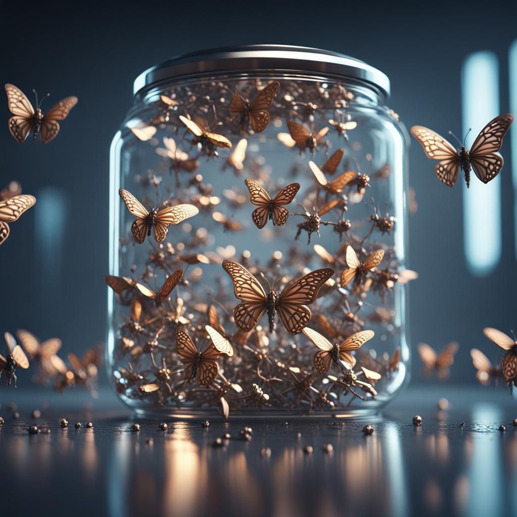 Robotic Butterflies in Glass Jar: Sci-Fi Art