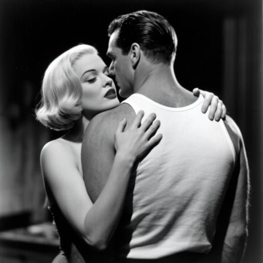 Noir Photo: Woman Embraces Man with Dramatic Lighting
