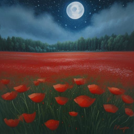 Impressionist Field of Poppies Under Full Moon