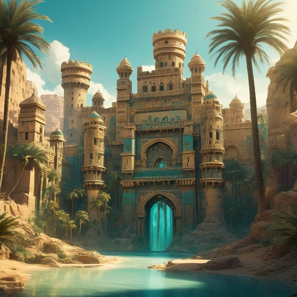 Ancient Desert Castle Oasis in Matte Painting Style