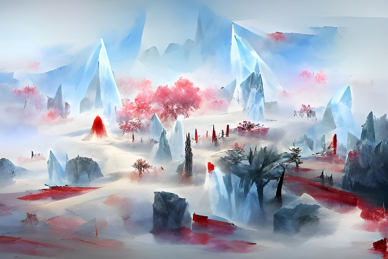 Crystalline Landscape with Red Fog: Concept Art