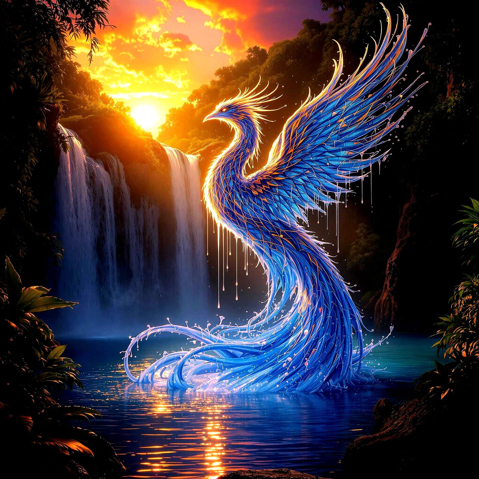 Waterphoenix in Vibrant Sunset Jungle