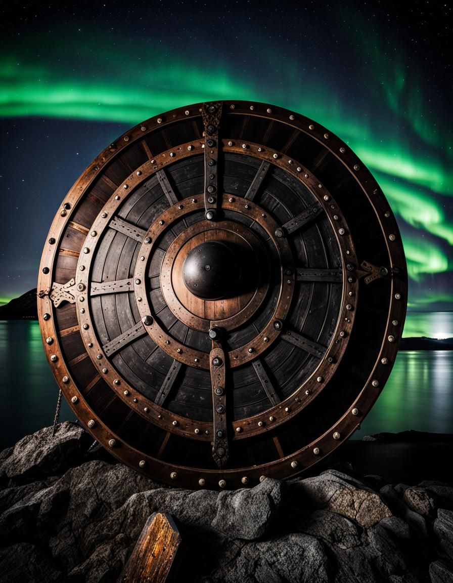 Battle Scarred Viking Shield Under Aurora Borealis