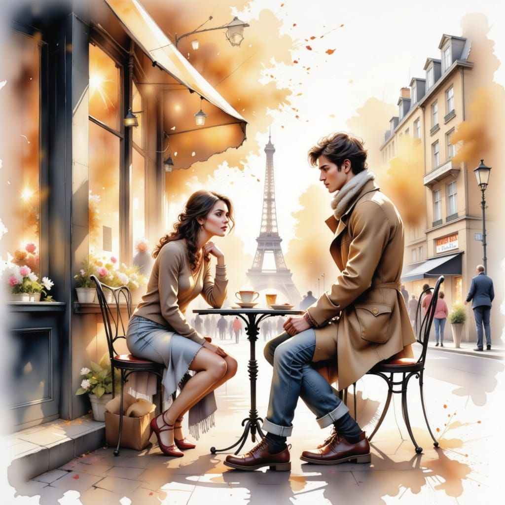 Parisian Cafe Meeting in Watercolour Illustration Style