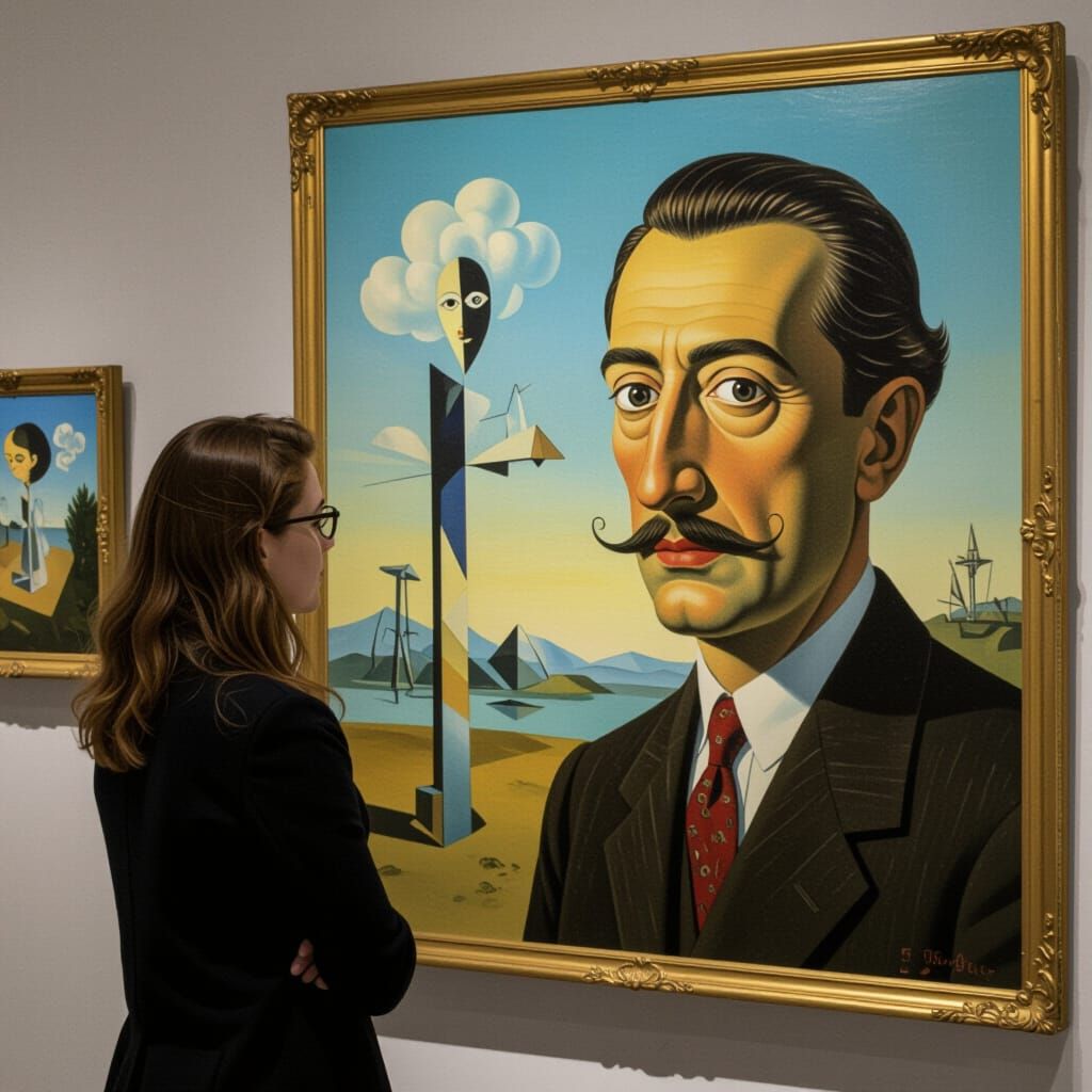 Woman Viewing Surreal Artwork in Style of Escher