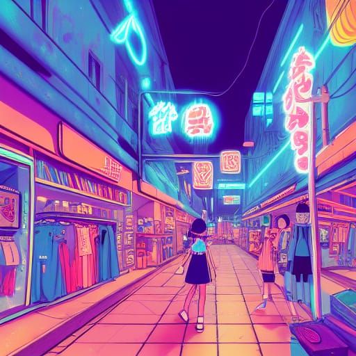 Retro Neon Clothing Store in Anime Style