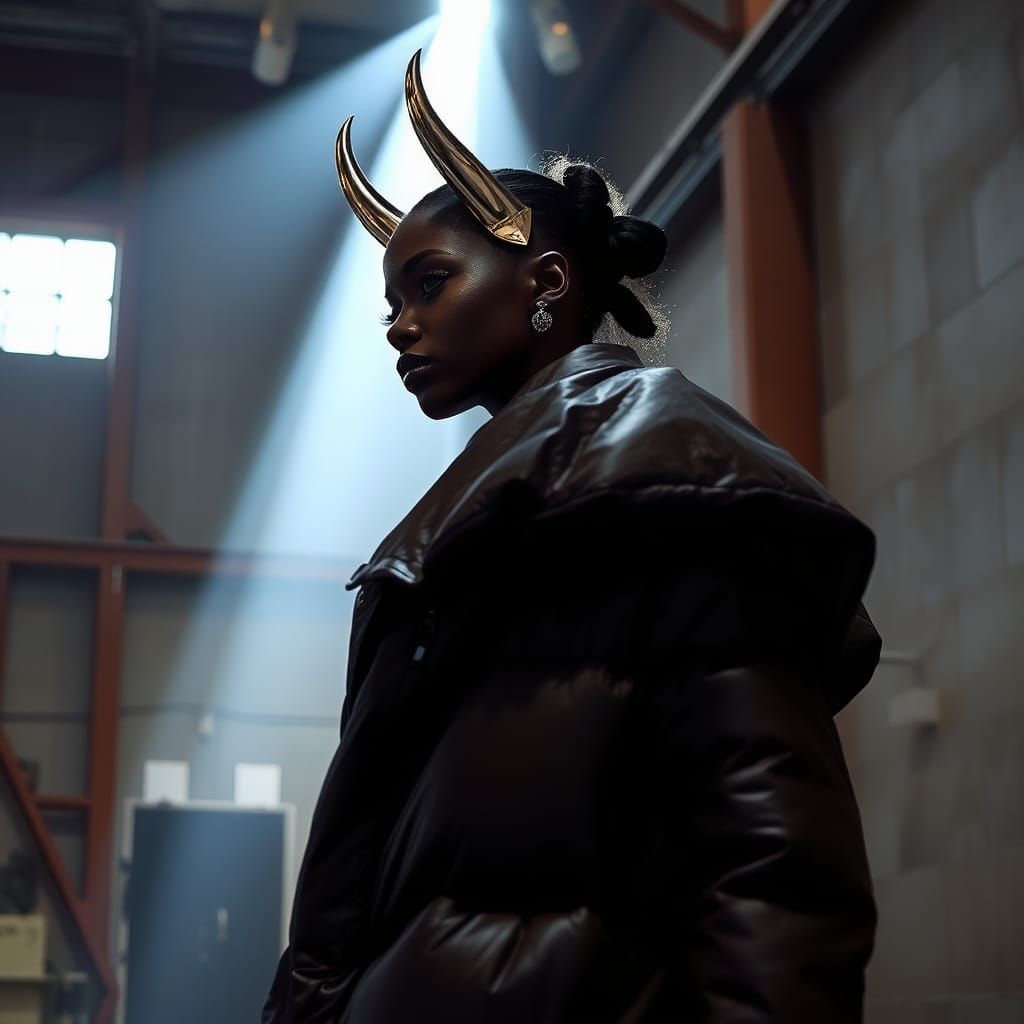 High Fashion Photo: Woman in Metallic Horns Jacket