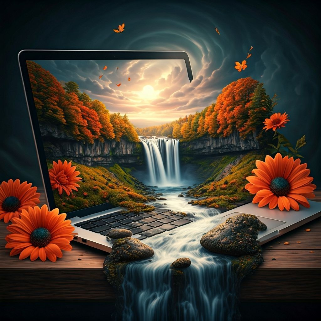 Autumn Landscape Flows From Open Laptop Screen