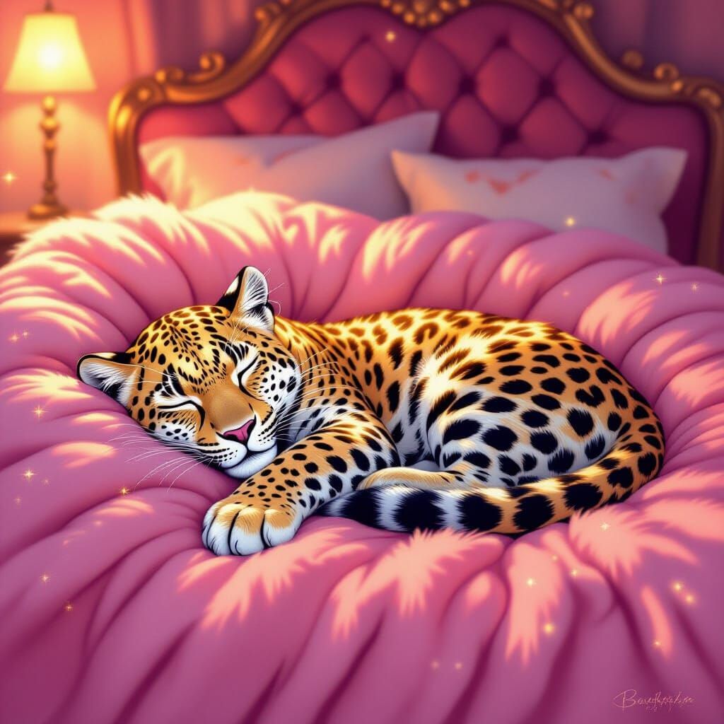 Leopard Sleeps on Glittery Pink Bed in Whimsical Style