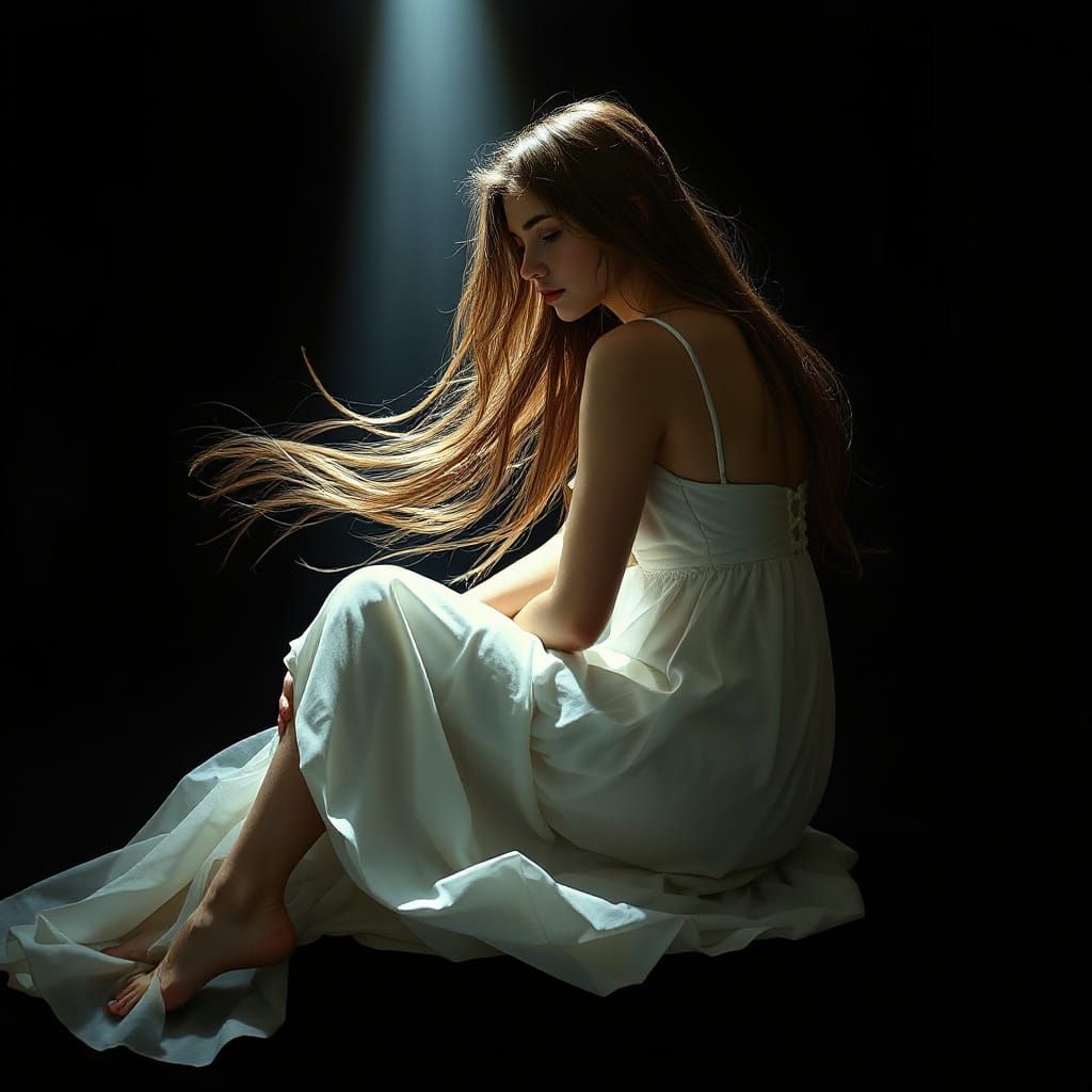 Woman in White Dress, Light Beam, Art Nouveau Style