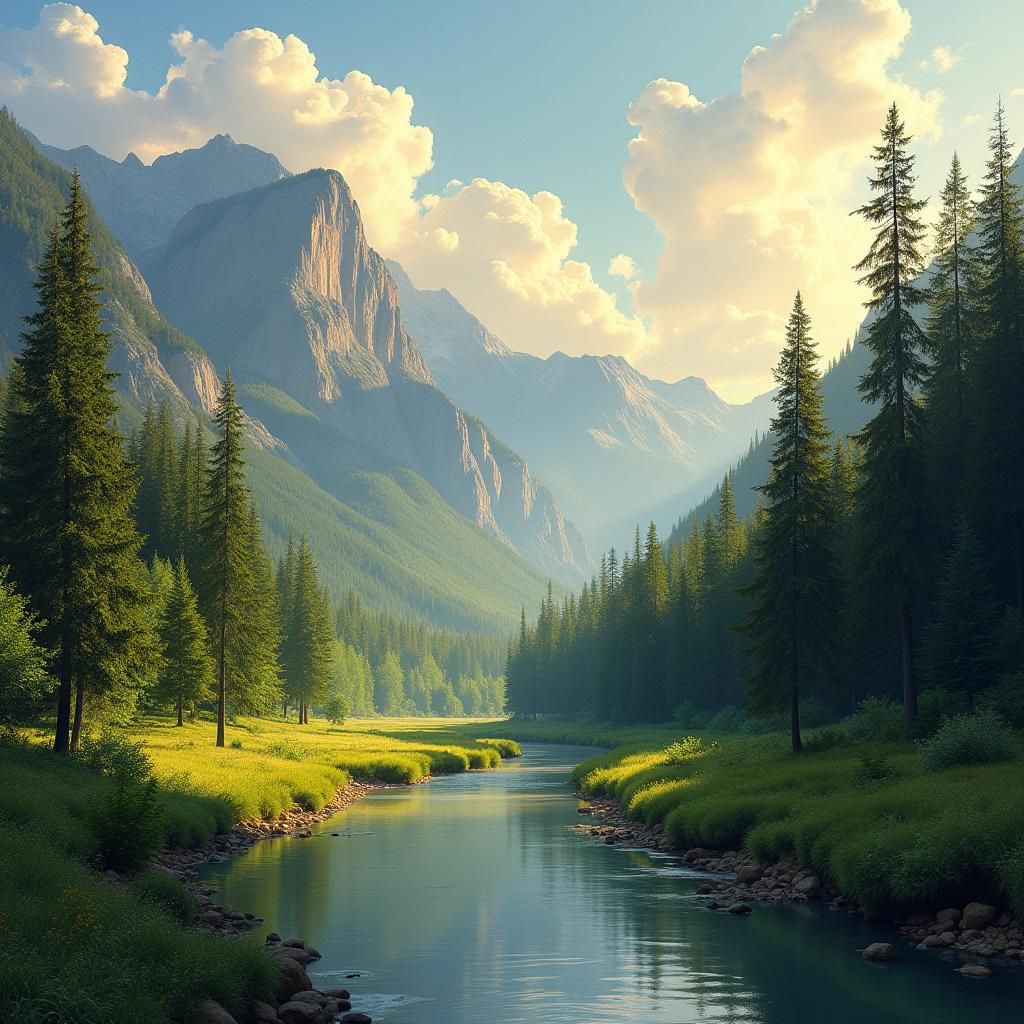 Golden Light on River Valley Landscape