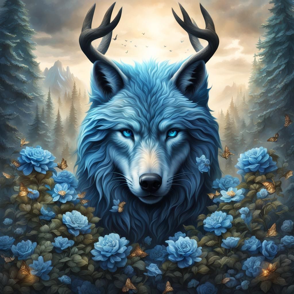 Wolf with Antlers Crest in Digital Matte Painting
