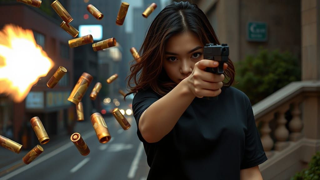Hyperrealistic Woman Shooter in Gritty Futuristic Cityscape