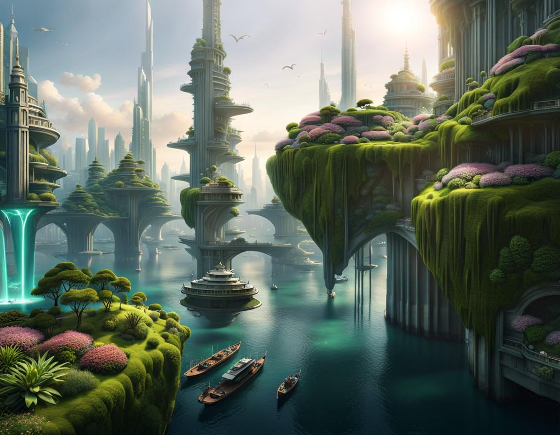 Interdimensional Port City: A Solarpunk Matte Painting