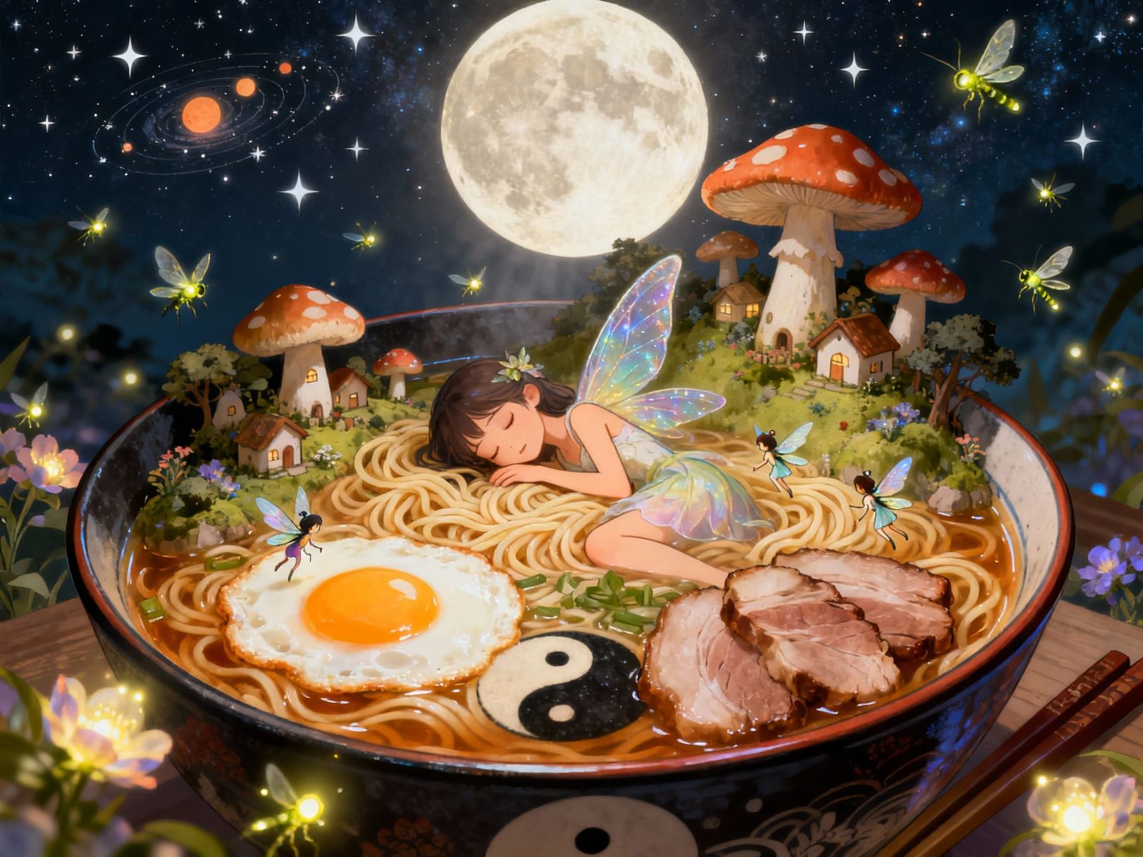 Fairy Kingdom Inside Ramen Bowl Under Giant Moon