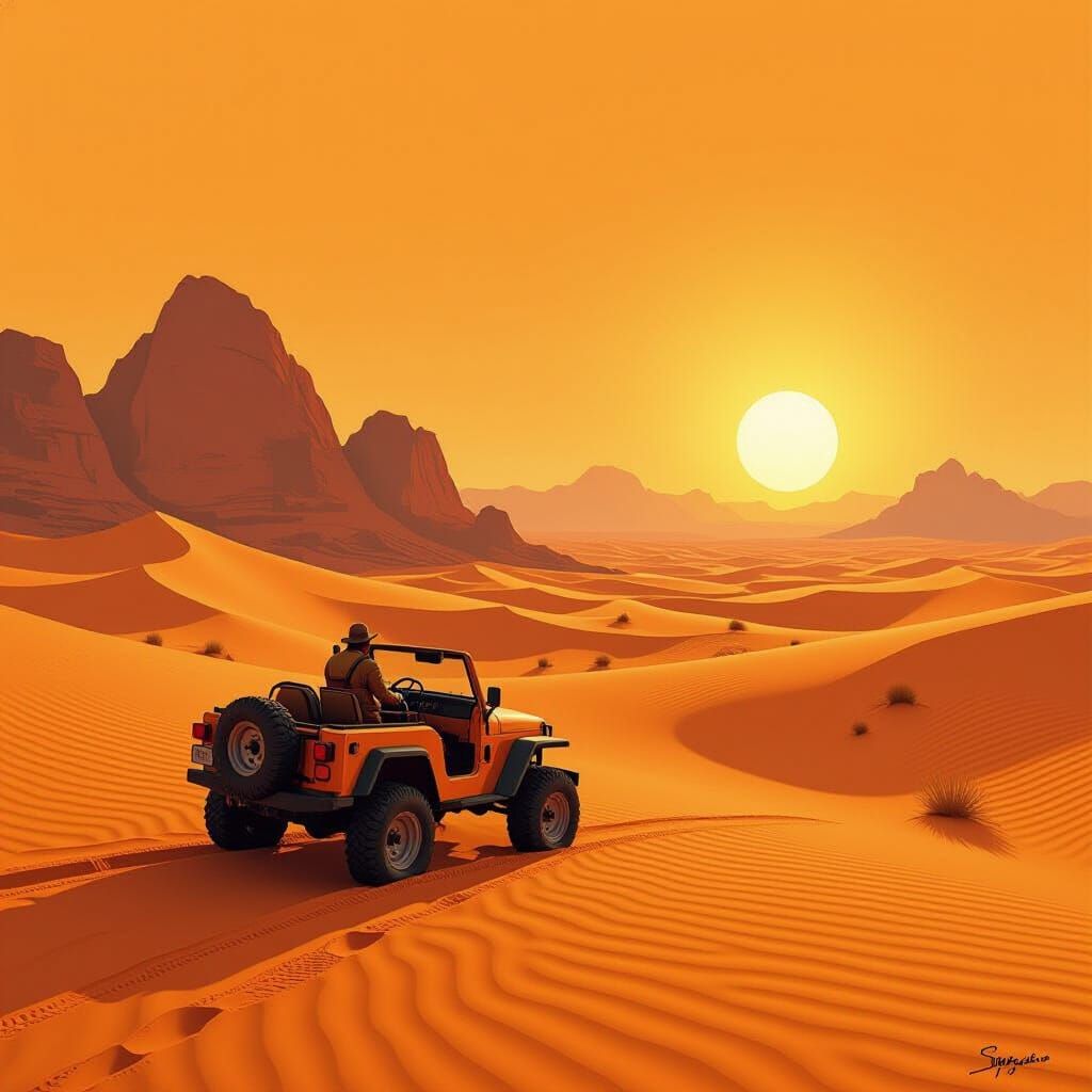 Arid Red Desert with Orange Sky, Digital Painting
