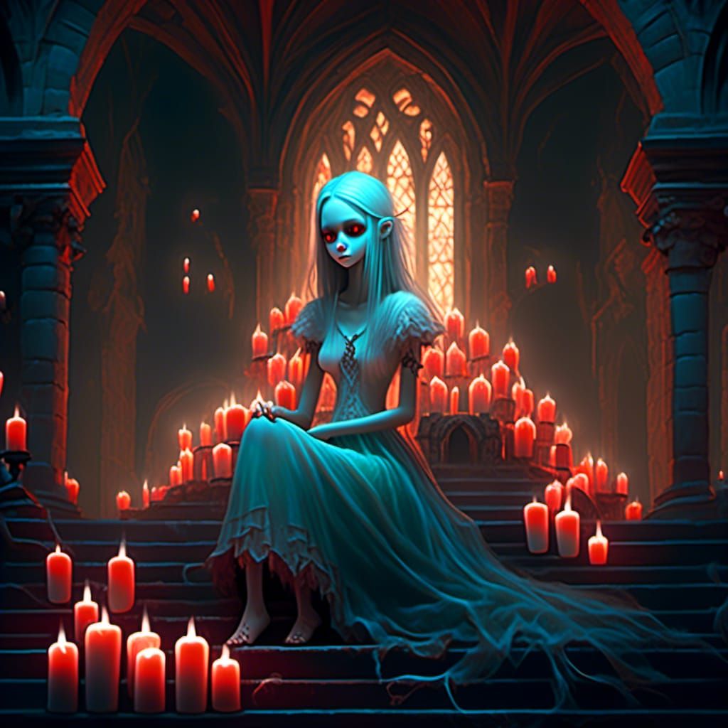 Ethereal Woman in Candlelit Castle: Graphite Art