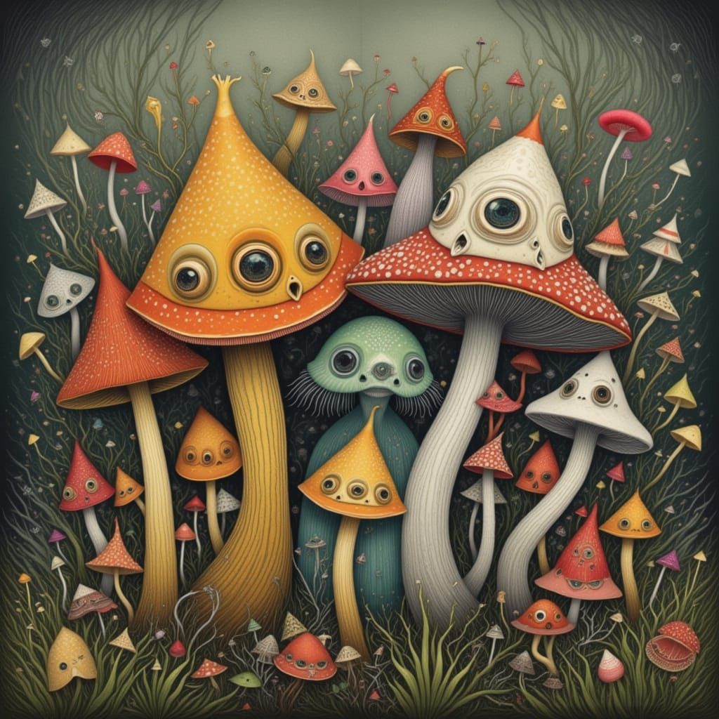 Whimsical Mushroom Creatures in Enchanted Forest