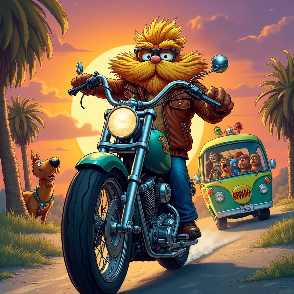 Whimsical Woodland Creatures Ride Choppers Under Sunset