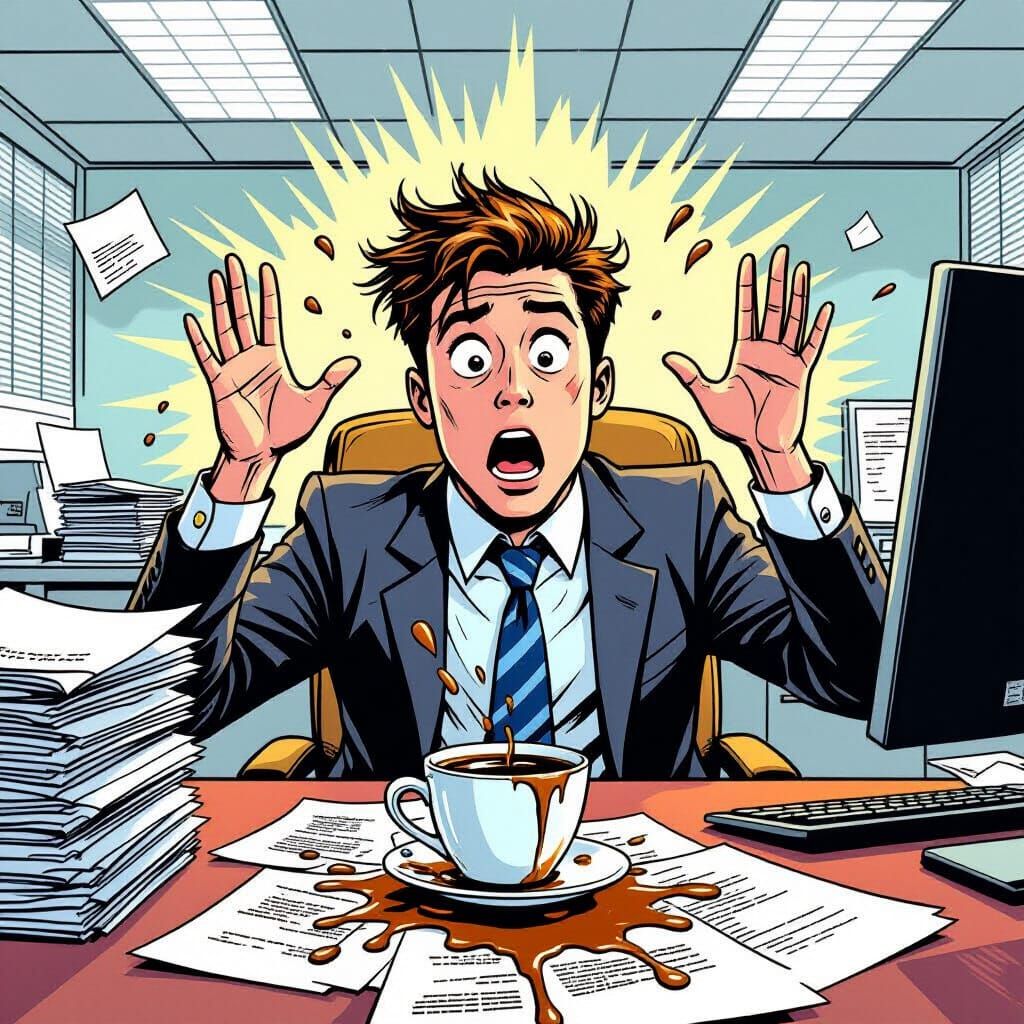Comedic Coffee Spill in Comic Book Style