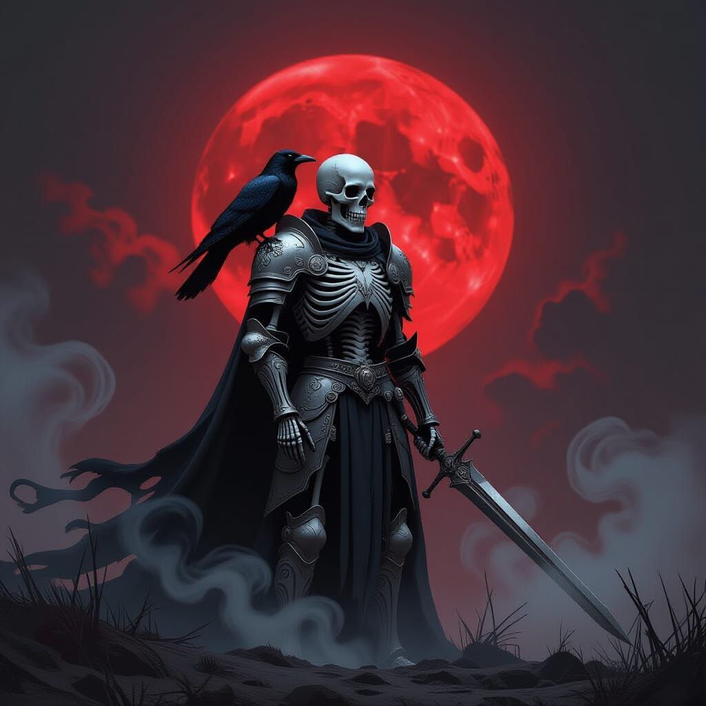 Gothic Skeletal Knight Silhouette with Crimson Moon