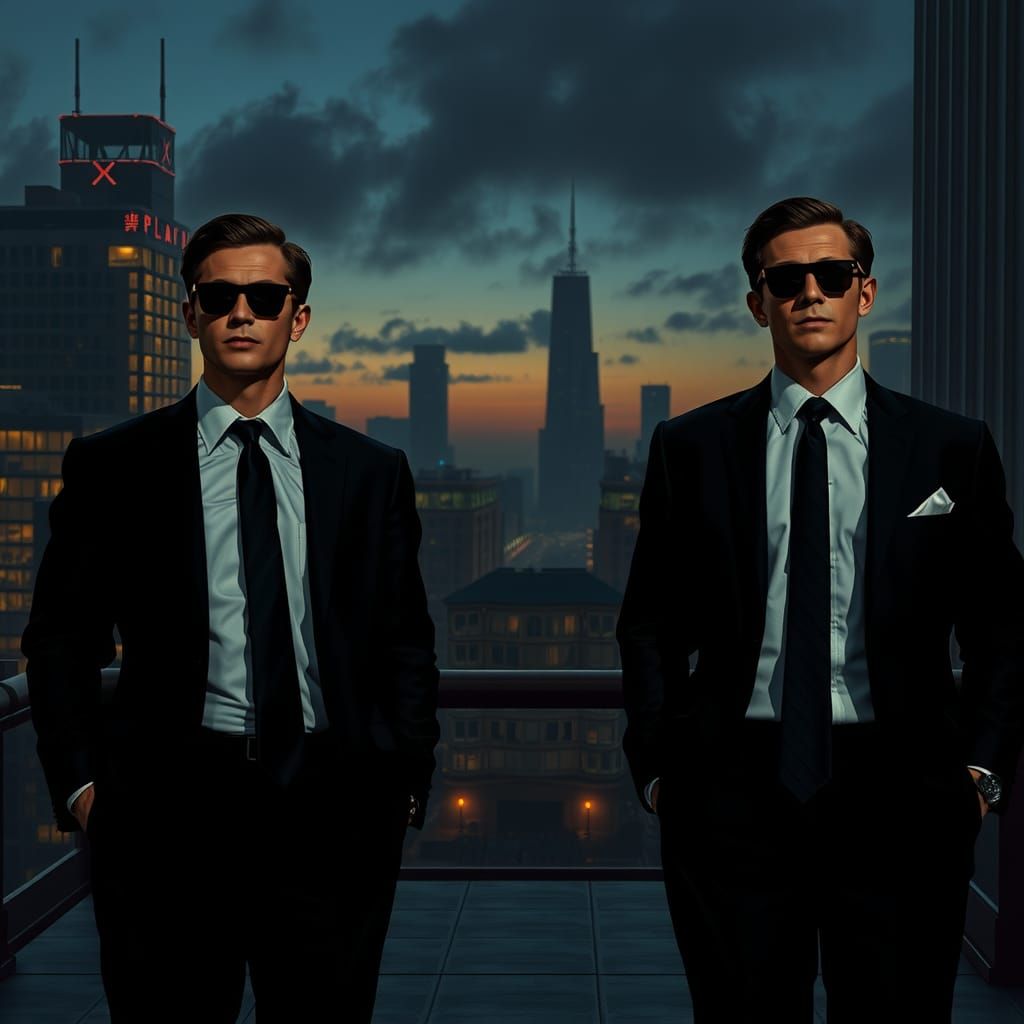 Men in Black Suits: Sci-Fi Cityscape Art