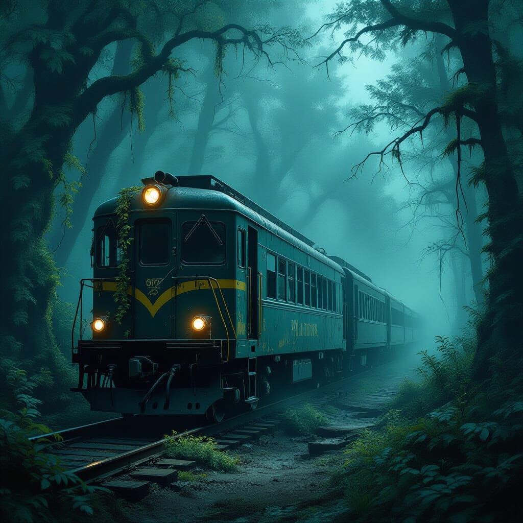 Abandoned Train in Misty Forest Concept Art