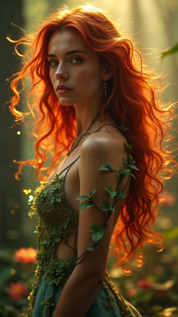 Radiant Woman with Crimson Hair Amidst Living Vines