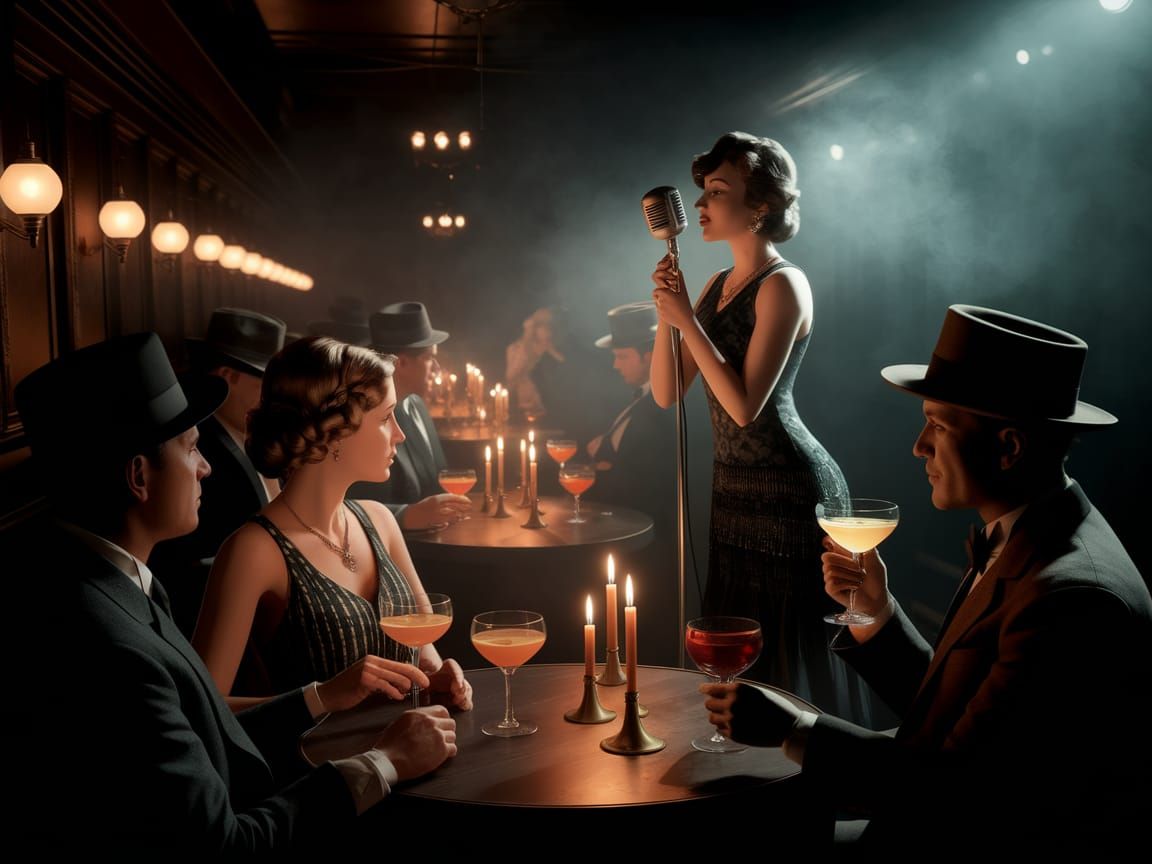 Vintage Jazz Singer in Smoky 1920s Speakeasy