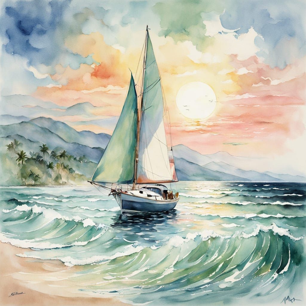 Serenely Gliding Sailboat on Tropical Waters