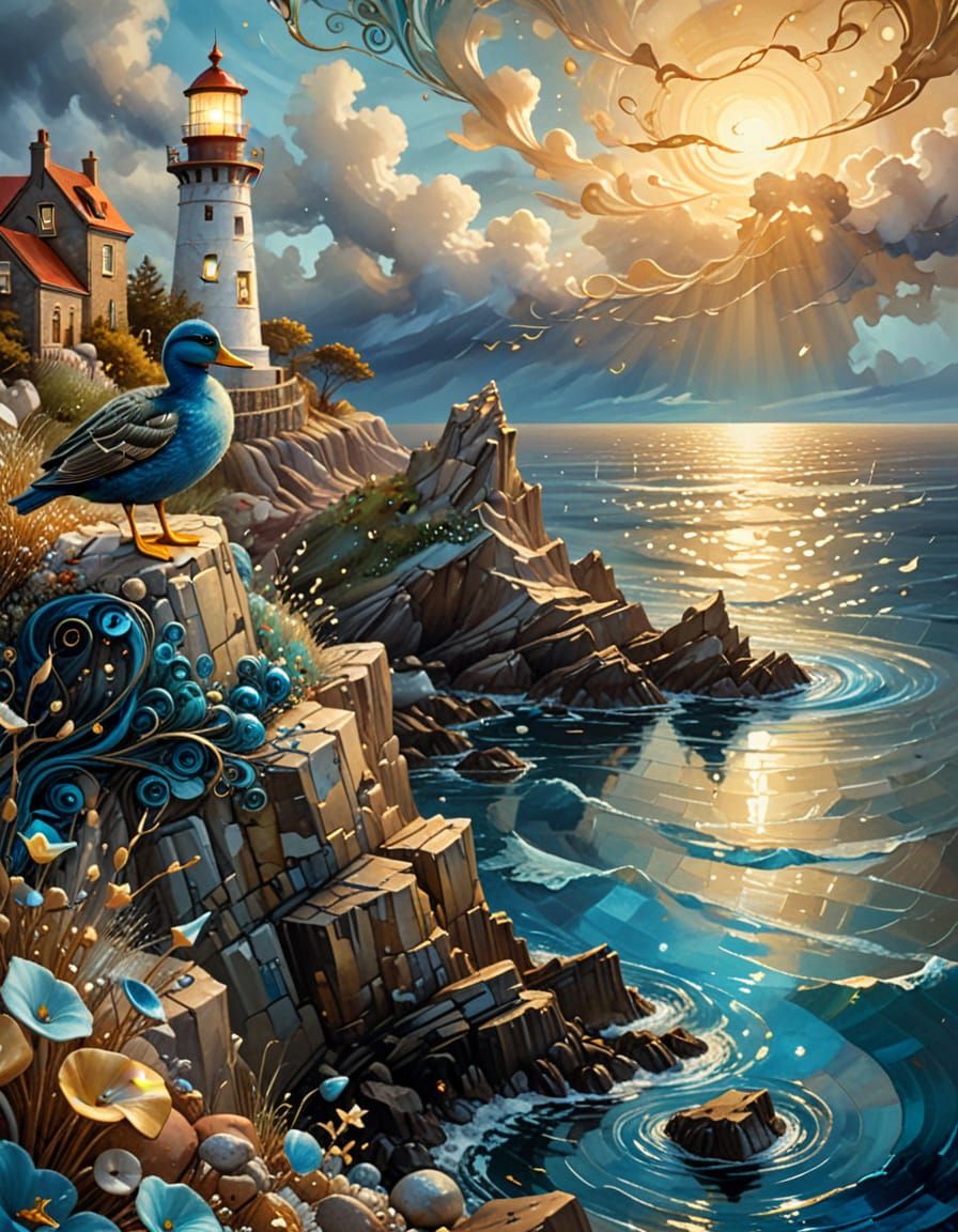 Surreal Lighthouse with Blue Duckling: Mixed Media Art