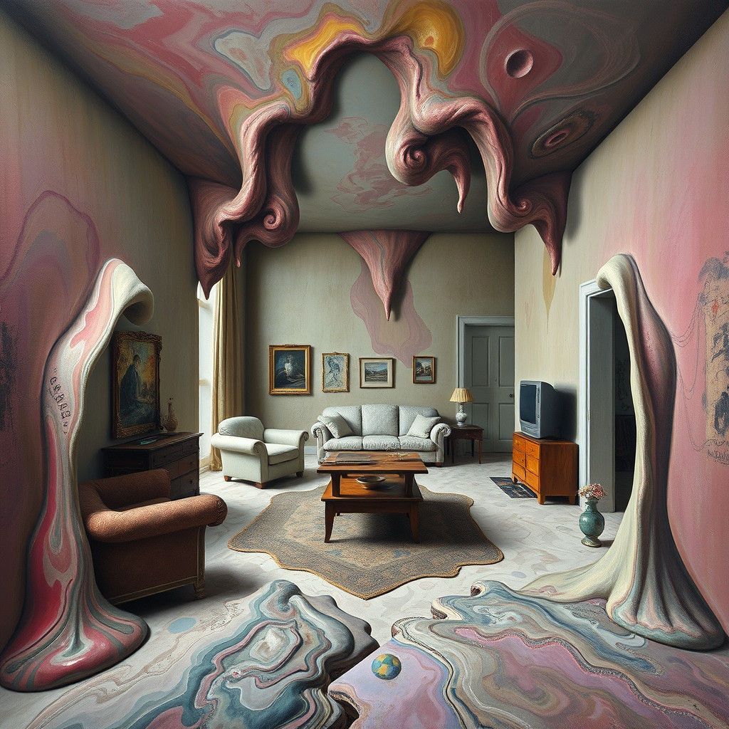 Distorted Room with Melting Walls in Surrealist Style