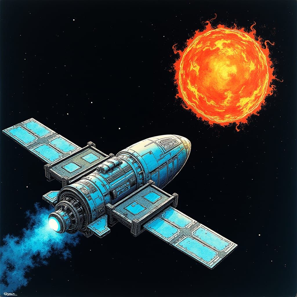 Futuristic Satellite Orbiting a Star in Comic Style
